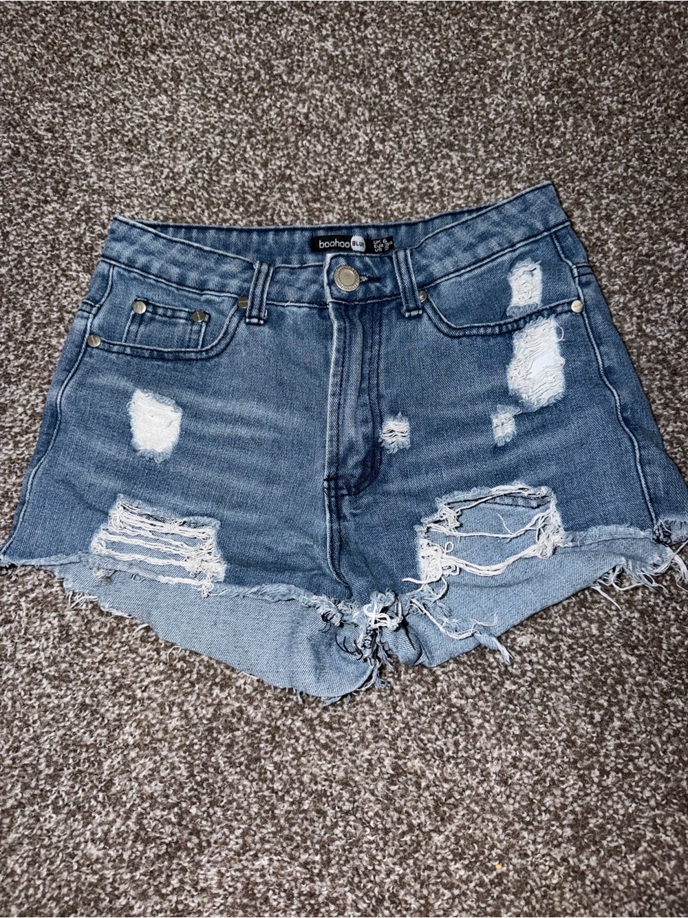 Boohoo Medium Blue Distressed High-Rise Denim Shorts